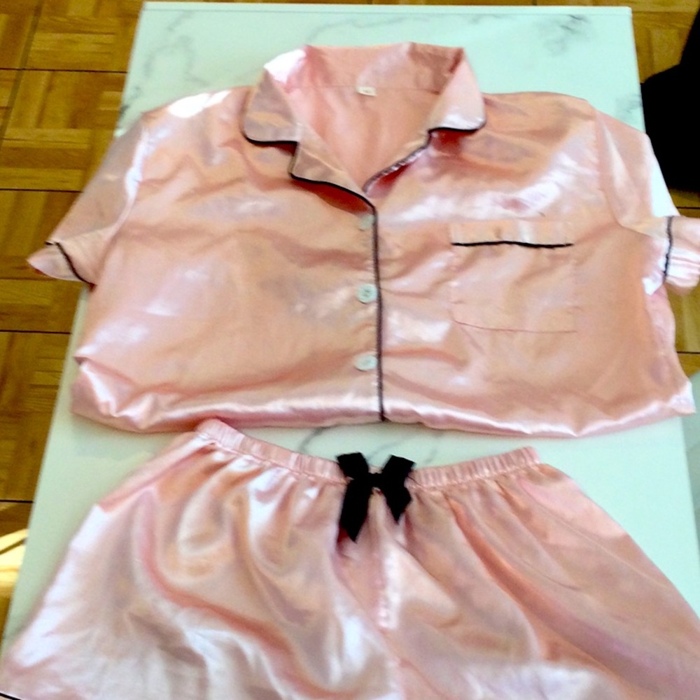 Pink Satin Women's Pajama Set, size medium.